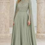 Elegant Beaded High-Neck Chiffon Evening Gown with Cape Sleeves