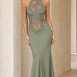 Elegance Halter Neck Lace Panel Maxi Evening Dress