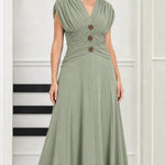 Elegant Ruched Waist V-Neck Midi Dress with Embellished Accents