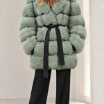 Women's Hooded Belted Faux Fur Coat with Tiered Plush Panels