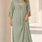 Embellished Kaftan Maxi Dress with Beaded V-Neck and Batwing Sleeves
