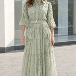 Floral Lace Button-Down Shirt Midi Dress with Ornate Buckle Belt
