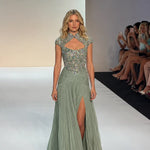 Embellished Keyhole High-Neck Chiffon Evening Gown with Slit