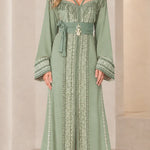 Embroidered Moroccan Caftan Maxi Dress with Fringe & Embellished Belt