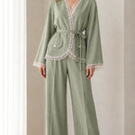 Lace Trim Wrap Blazer and Wide-Leg Pants Two-Piece Suit Set