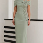 Asymmetrical Off-Shoulder Rhinestone Embellished Column Maxi Gown