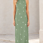 Women's Star Print Halter Maxi Dress with Fringe Hem