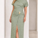 Women's Asymmetrical Neckline Polka Dot Midi Dress with Ruched Buckle Detail