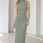 Sleeveless Mock Neck Ruched Glitter Maxi Dress