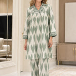 Women's Embellished Collar Ikat Print Tunic and Pants Two-Piece Set