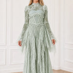 Long Sleeve Lace Corset Maxi Dress with Tassel Fringe and Cutout Back