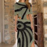 Boho Abstract Knit Two-Piece Crop Top and Maxi Skirt Set