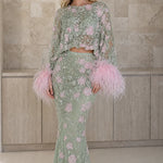 Embellished Two-Piece Feather Trim Crop Top and Maxi Skirt Set