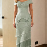 Elegance Tiered Fringe Off-Shoulder Evening Gown
