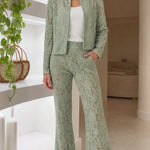 Floral Lace Two-Piece Pant Suit Set with Stand Collar Jacket and Flare Trousers