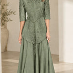Embroidered 3/4 Sleeve A-Line Maxi Evening Gown with Mandarin Collar