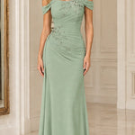 Off-the-Shoulder Ruched Formal Evening Gown with Beaded Applique