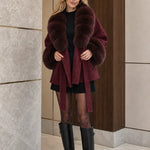 Women's Plush Faux Fur Trim Belted Short Wrap Coat