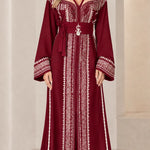 Embroidered Moroccan Caftan Maxi Dress with Fringe & Embellished Belt