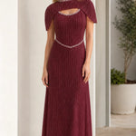 Pleated Cape Sleeve Beaded Maxi Dress with Cutout Detail