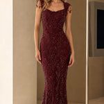 Elegant Beaded Sleeveless Evening Gown with Scalloped Details