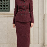 Double-Breasted Tweed Blazer and Column Maxi Skirt Two-Piece Suit Set
