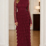 Elegant Lace Mock Neck Tiered Ruffle Maxi Dress