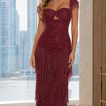 Rhinestone Sweetheart Fringe Maxi Gown with Cap Sleeves