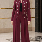 Star Embellished Cropped Jacket and Pleated Wide Leg Pants 2-Piece Suit Set