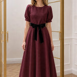 Women's Textured Puff Sleeve A-Line Midi Dress with Velvet Waist Tie