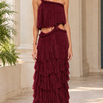 One-Shoulder Cutout Tiered Ruffle Maxi Dress with Braided Rope Trim
