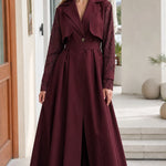 Lace-Sleeve Trench Maxi Coat Dress with Matching Belt