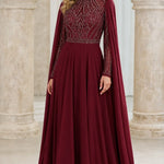 Elegant Beaded High-Neck Chiffon Evening Gown with Cape Sleeves