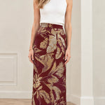 High-Waisted Metallic Jacquard Column Maxi Skirt with Feather Trim