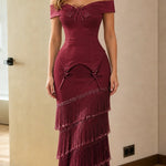 Elegance Tiered Fringe Off-Shoulder Evening Gown
