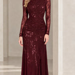 Long Sleeve Mock Neck Ruched Floral Lace Evening Gown