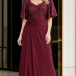 Elegant Sequin V-Neck Flare Sleeve Formal Evening Gown