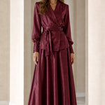 Elegant Satin Wrap Blazer Top and Maxi Skirt Two-Piece Set