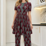 Geometric Velvet Babydoll Tunic and Straight Pants 2-Piece Set