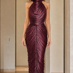 High Neck Pleated Shimmer Backless Maxi Evening Dress