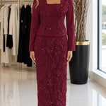 Floral Embroidered Square Neck Jacket & Maxi Skirt Two-Piece Formal Set