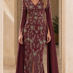 Embellished Cape Sleeve Evening Gown with Front Slit