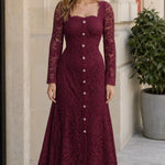 Square Neck Floral Lace Long Sleeve Midi Dress with Crystal Buttons