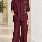 Women's Floral Embroidered Denim Shirt and Wide-Leg Pants Set