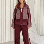 Women's Textured Contrast Zip-Up Jacket and Wide-Leg Pants Two-Piece Set
