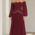 Off-The-Shoulder Beaded Scallop Choker Pleated Maxi Evening Gown