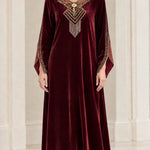 Women's Embroidered Velvet Kaftan Maxi Dress with Beaded Fringe V-Neck