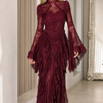 Gothic Lace Corset Maxi Dress with Dramatic Bell Sleeves and Tiered Ruffle Skirt