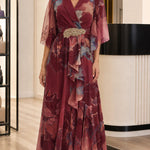 Floral Chiffon V-Neck Maxi Dress with Embellished Waist and Flutter Sleeves