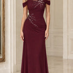 Off-the-Shoulder Ruched Formal Evening Gown with Beaded Applique